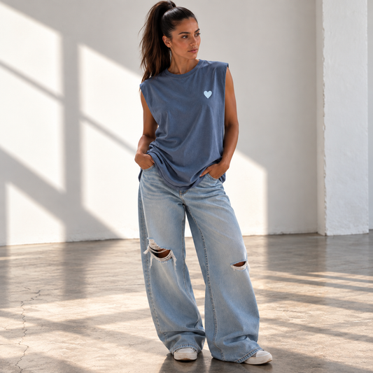 Tank premium femme washed denim vue de face - L'atelier 514