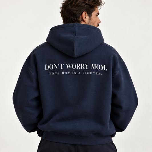 Hoodie premium DON'T WORRY MOM noir, vue détail - L'Atelier 514