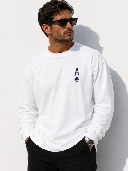Long sleeve premium homme White avec design A♠ Ocean Teal, vue de face - L'atelier 514