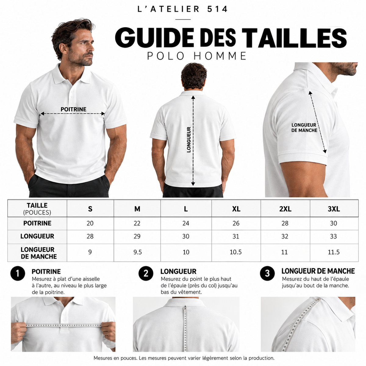 Guide des tailles du polo premium homme L’ATELIER 514 avec mesures de poitrine et longueur, tailles S à 3XL.