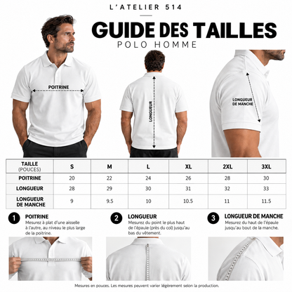 Guide des tailles du polo premium homme L’ATELIER 514 avec mesures de poitrine et longueur, tailles S à 3XL.