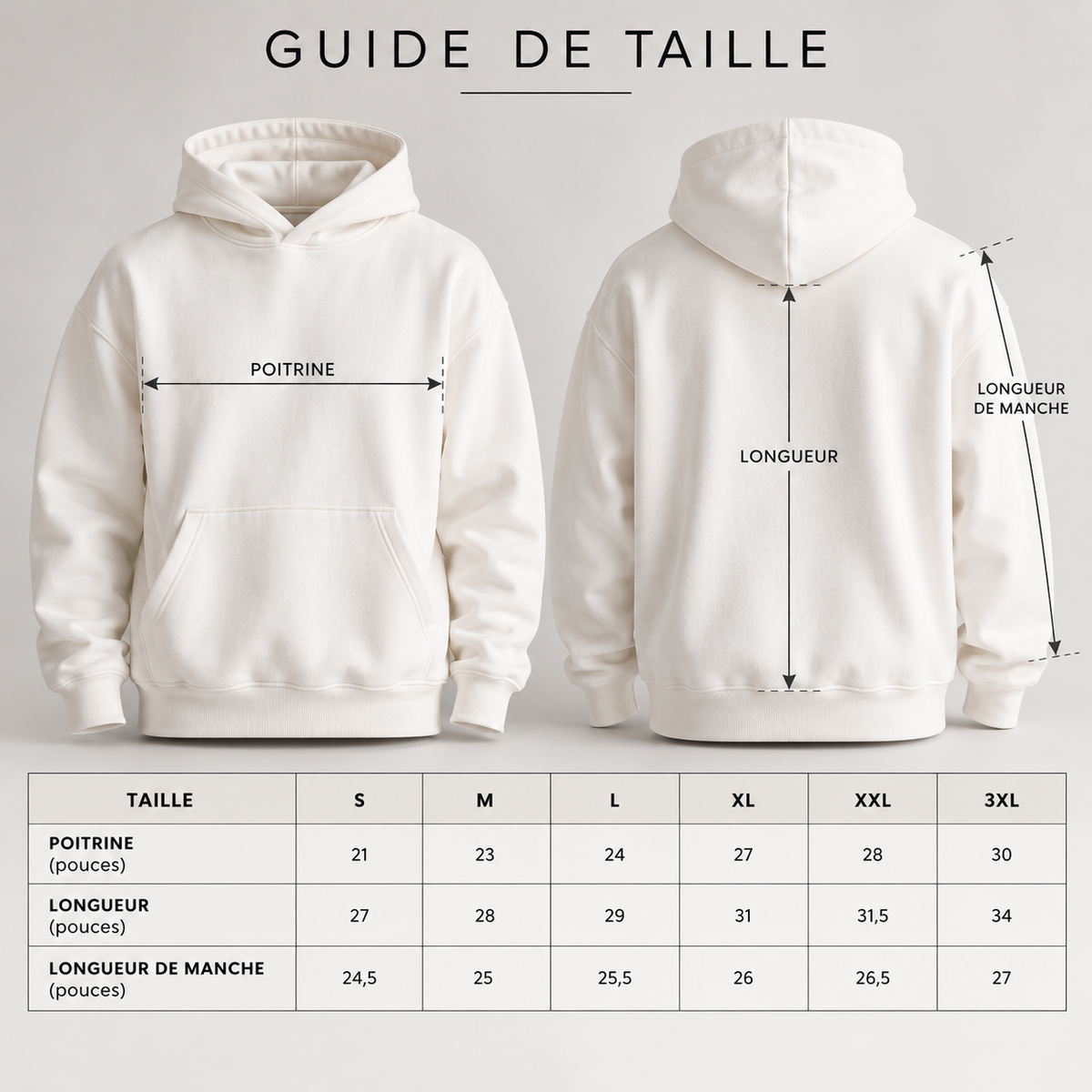 Guide des tailles du hoodie heavyweight homme 13.5 oz Cream – L’ATELIER 514