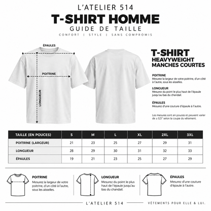 Guide des tailles du T-shirt Heavyweight homme L’ATELIER 514 avec mesures de poitrine, longueur et épaules en pouces.
