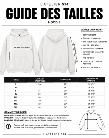 Guide des tailles du hoodie premium heavyweight 450 GSM pour homme L’ATELIER 514.