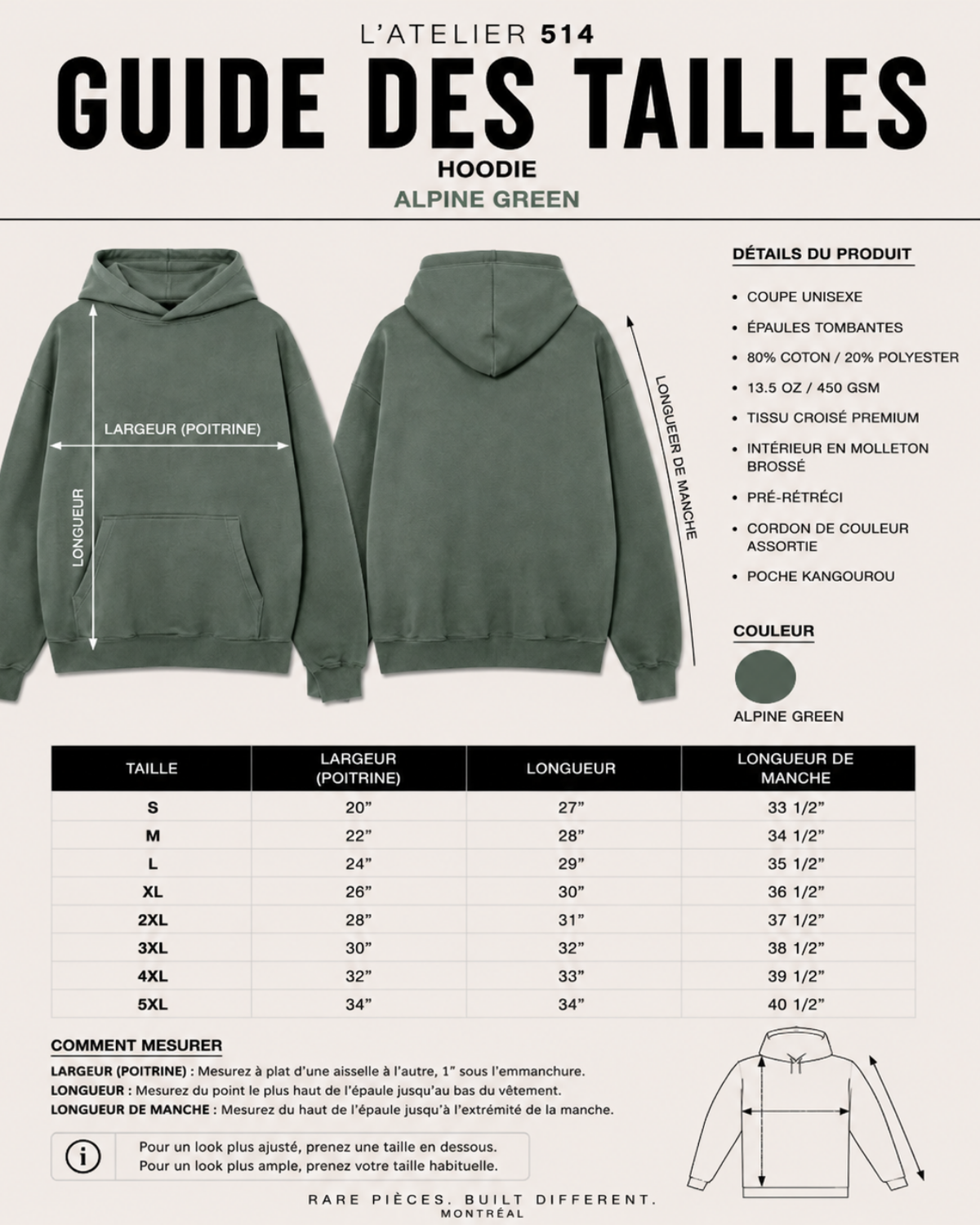 Guide des tailles - Hoodie premium femme Brunette L'Atelier 514