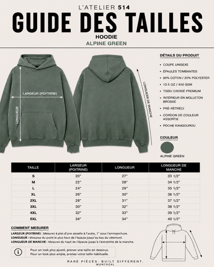 Guide des tailles - Hoodie premium femme Brunette L'Atelier 514