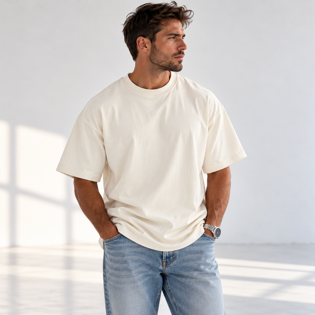 Homme portant un t-shirt premium Ecru L’ATELIER 514, coupe légèrement oversized avec épaules tombantes.