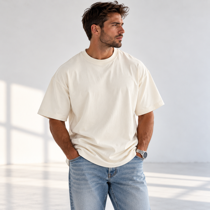 Homme portant un t-shirt premium Ecru L’ATELIER 514, coupe légèrement oversized avec épaules tombantes.