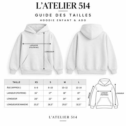 Guide des tailles du hoodie Heavyweight enfant et ado L’ATELIER 514, tailles jeunesse XS à L avec mesures du vêtement.